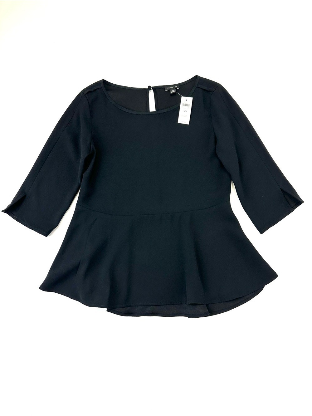 NWT Ann Taylor XS Black Peplum Top 3/4 Sleeve Keyhole Blouse Minimalist Career